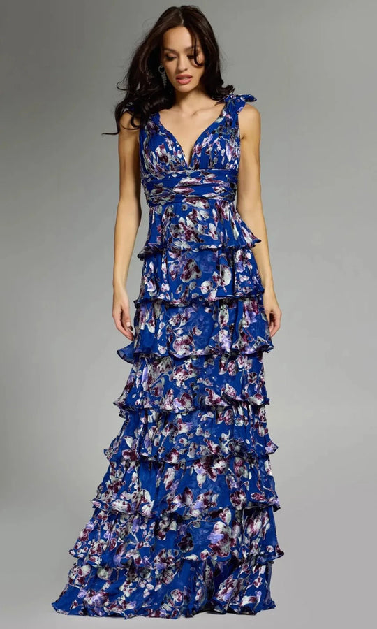 Jovani 42381 - Floral V-Neck Gown with Shoulder Ties