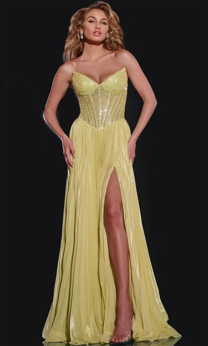 Jovani 43115 - Long Chiffon A-Line Dress - Spaghetti Straps, Sheer Corset Bodice, Beaded, High Slit, Pleated Skirt Couture Candy Jovani 43115 - Long Chiffon A-Line Dress - Spaghetti Straps, Sheer Corset Bodice, Beaded, High Slit, Pleated Skirt Couture Candy