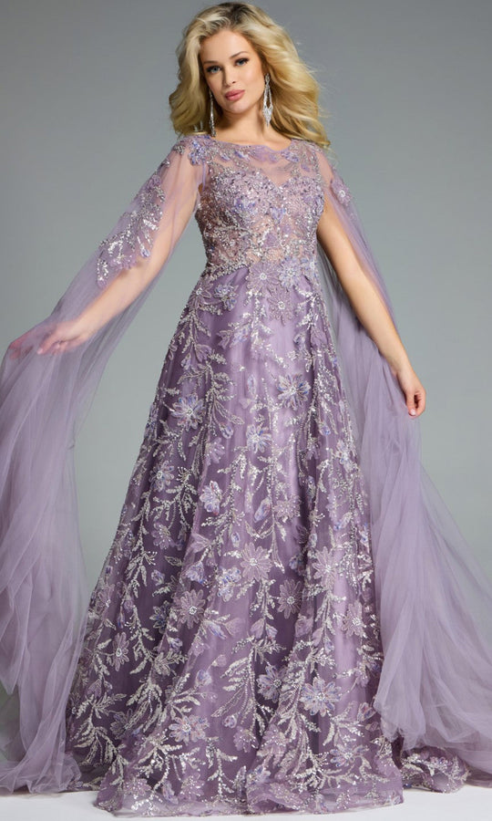 Jovani 43312 - Floral Embroidered Sheer Cape Sleeve Gown