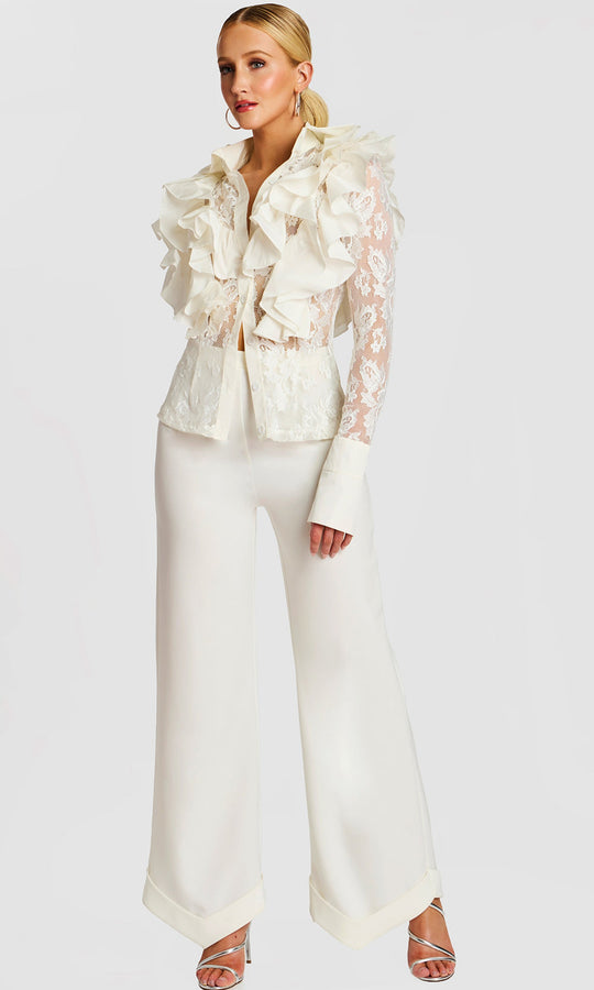 Jovani 43365 - Ruffled Lace V-Neckline Satin Pantsuit