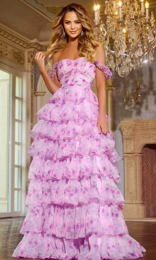 Jovani 43786 - Floral Printed Tiered Ruffle Prom Gown