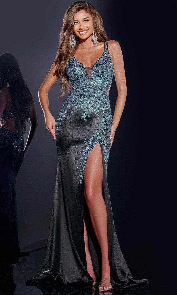 Jovani 43796 - Long Sheath Dress - Sleeveless, Beaded, Lace Applique, High Slit, Bandeau Lace-Up Back, Sweep Train, Fitted, Wide Straps 14 / Black - Jovani 43796 - Long Sheath Dress - Sleeveless, Beaded, Lace Applique, High Slit, Bandeau Lace-Up Back, Sweep Train, Fitted, Wide Straps 14 / Black -