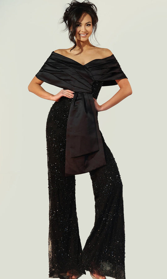 Jovani 44018 - Off Shoulder Embellished Wide Leg Jumpsuit
