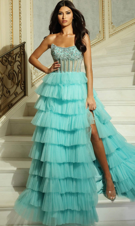 Jovani 44134 - Beaded Illusion Tiered Ballgown with Slit