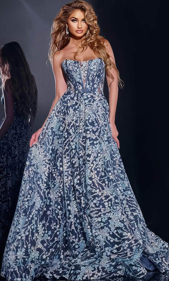 Jovani - Strapless Floral Prom Gown