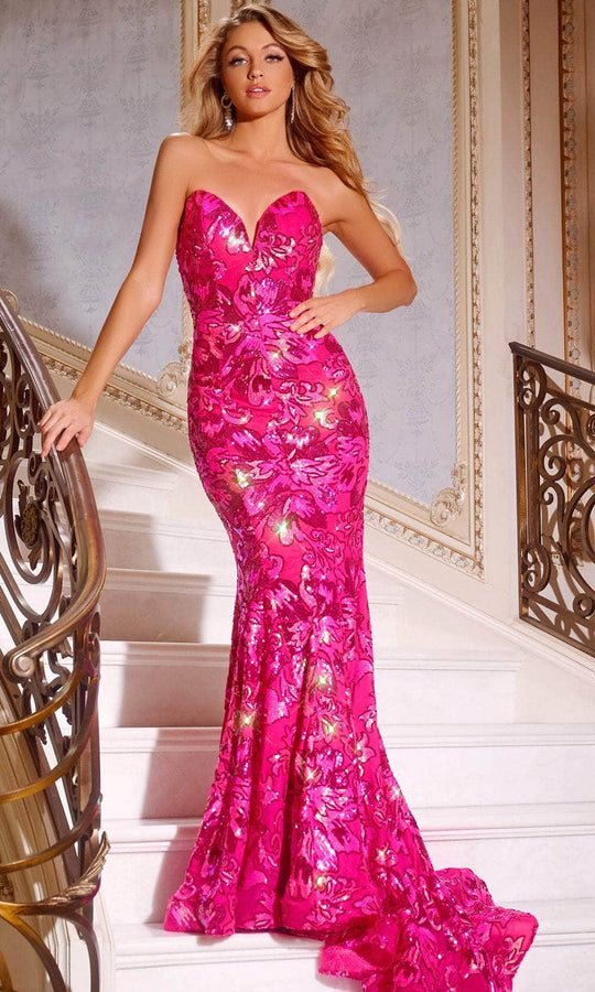 Jovani 44340 Floral Sequined Strapless Prom Dress