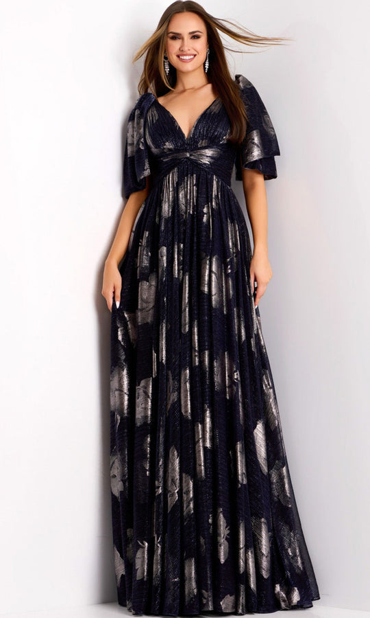 Jovani 44374 - Metallic Jacquard Flutter Sleeve Gown