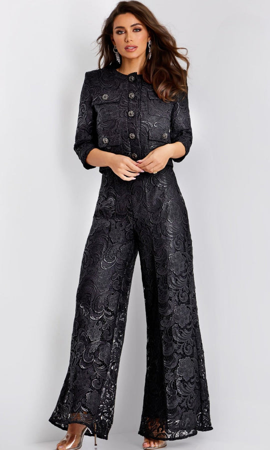 Jovani 44471 - Embroidered Floral Three-Quarter Sleeve Pantsuit