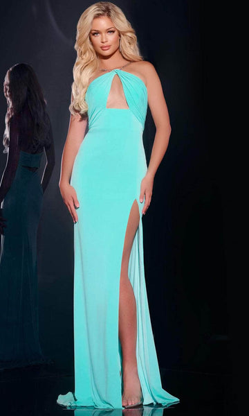 Jovani 44496 - Long Jersey Sheath Dress - Embellished Straps, Sleeveless, Ruched Bodice, Cutout Accent, High Slit, Sweep Train 2 / Black - Shop Jovani Jovani 44496 - Long Jersey Sheath Dress - Embellished Straps, Sleeveless, Ruched Bodice, Cutout Accent, High Slit, Sweep Train 2 / Black - Shop Jovani