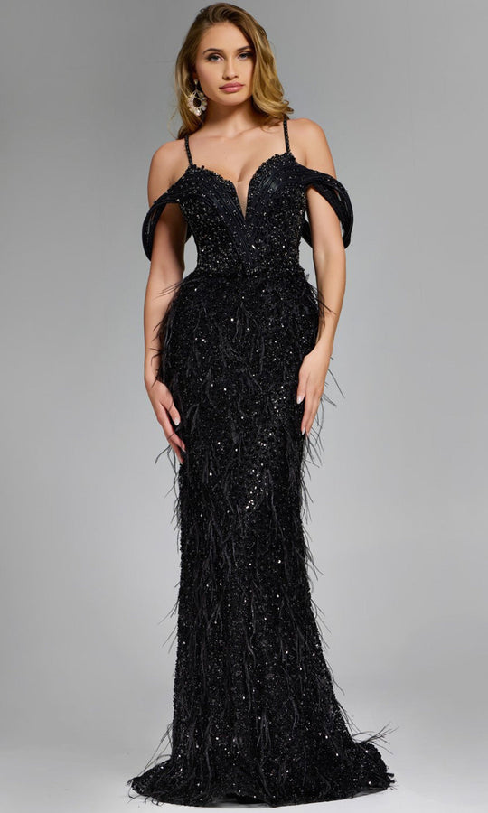 Jovani 44848 - Feathered Cold Shoulder Evening Gown