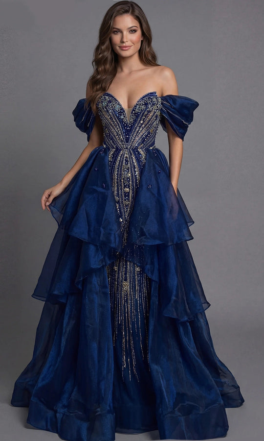 Jovani 45076 - Tiered Overskirt Beaded Off Shoulder Gown
