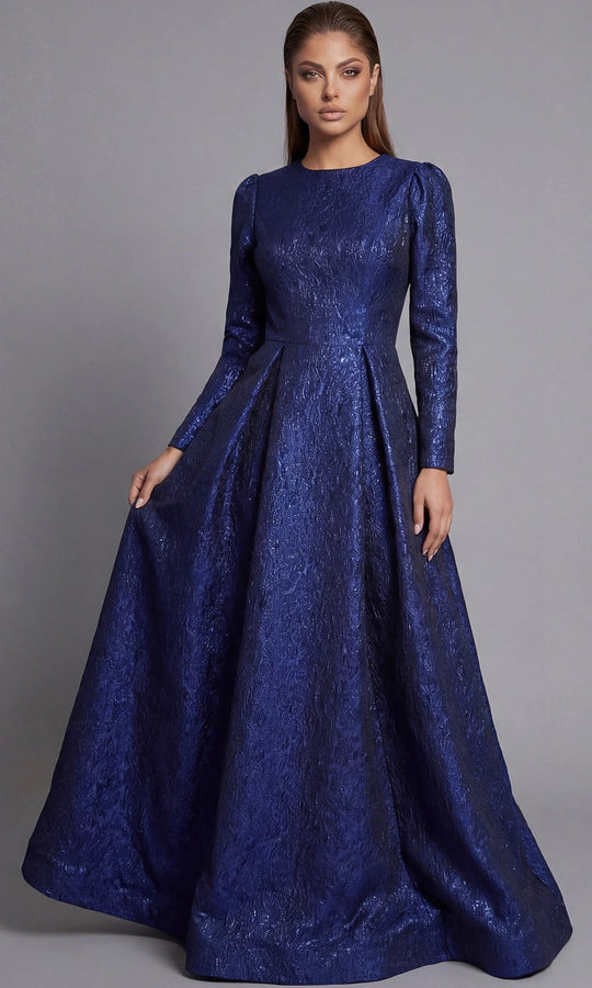Jovani 45099 - Long Sleeve Metallic Jacquard Evening Gown