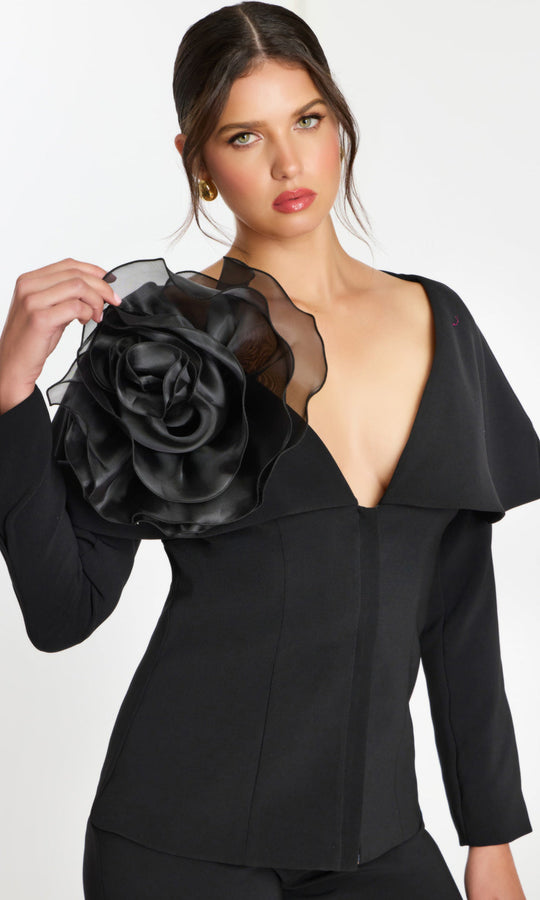 Jovani 45177 - Floral Shoulder V-Neckline Pantsuit