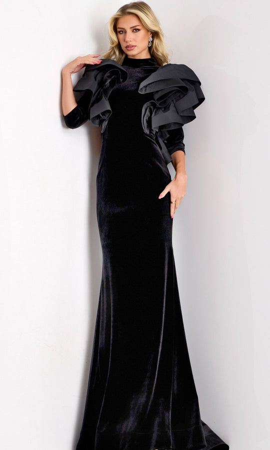 Jovani 45322 - High Neck Ruffled Shoulder Velvet Gown