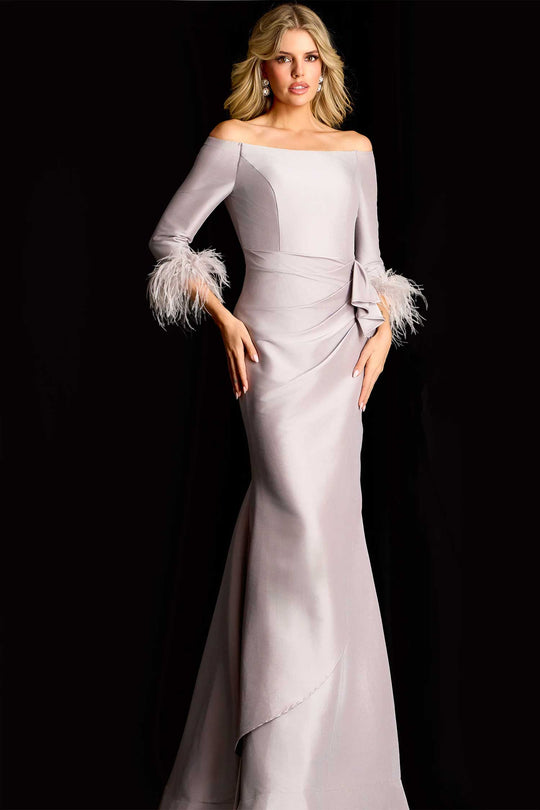 Jovani 45515 - Feathered Sleeve Cuff Draped Evening Gown