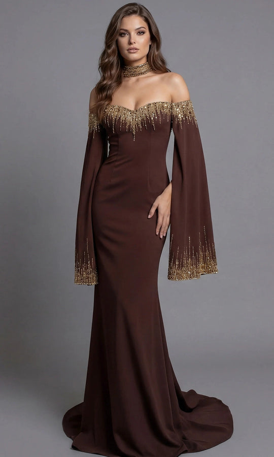 Jovani 45535 - Bell Sleeve Beaded Ornate Evening Gown