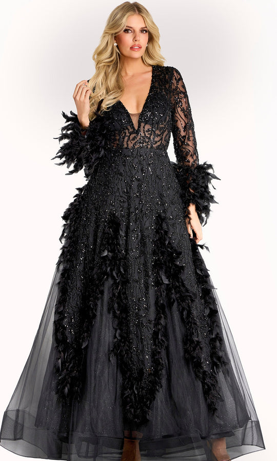 Jovani 45801 - Feather Embellished Long Sleeve Evening Gown