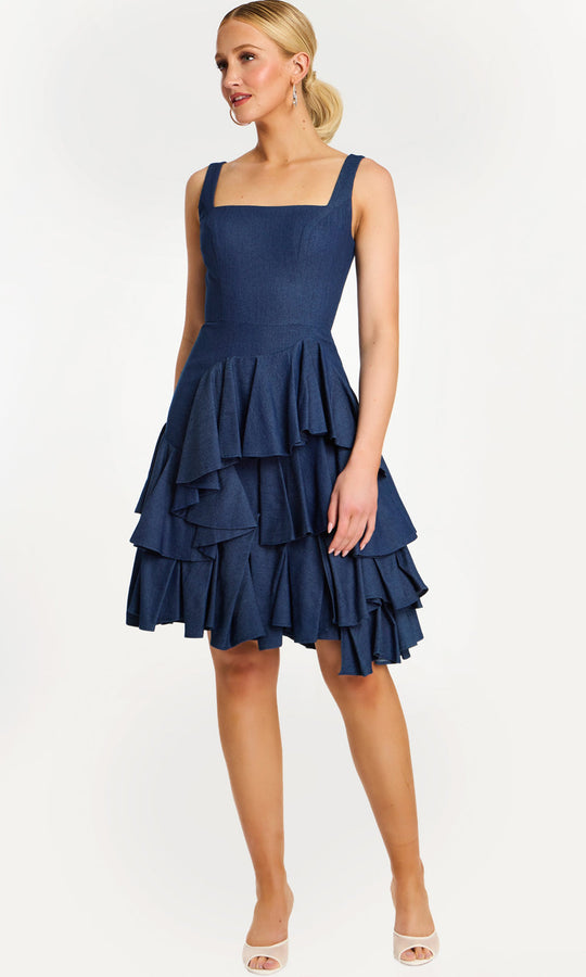 Jovani 45997 - Denim Square Neck Tiered Ruffle Dress