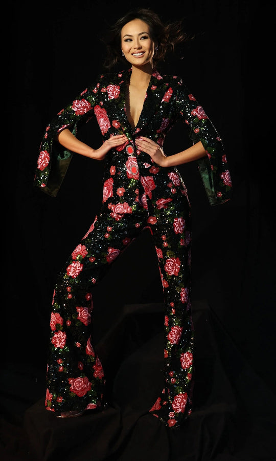Jovani 46018 - Floral Sequin Jumpsuit with Split Sleeves