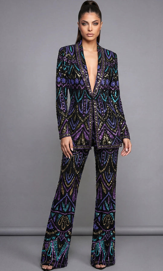 Jovani 46094 - Plunged Neck Geometric Sequin Pantsuit