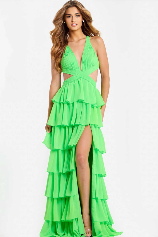 Jovani 46338 - Tiered Ruffle Plunging Chiffon Gown