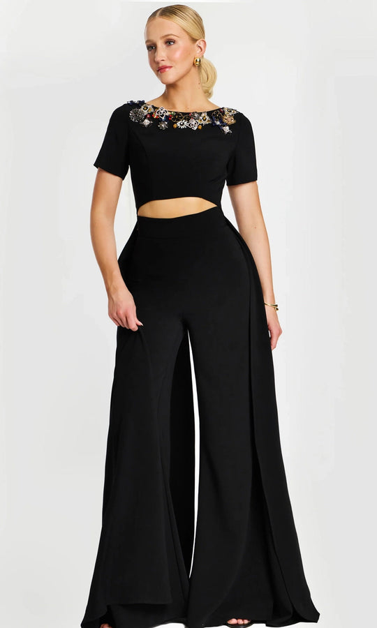 Jovani 46505 - Short Sleeve Midriff Cutout Pantsuit