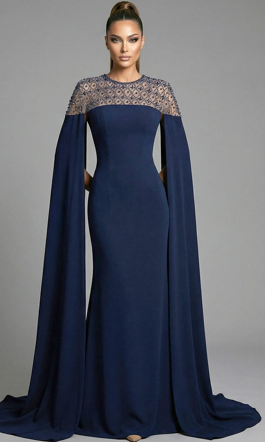 Jovani 46522 - Beaded Illusion Cape Sleeve Evening Gown