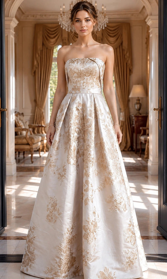 Jovani 46550 Floral Metallic Brocade Strapless Dress