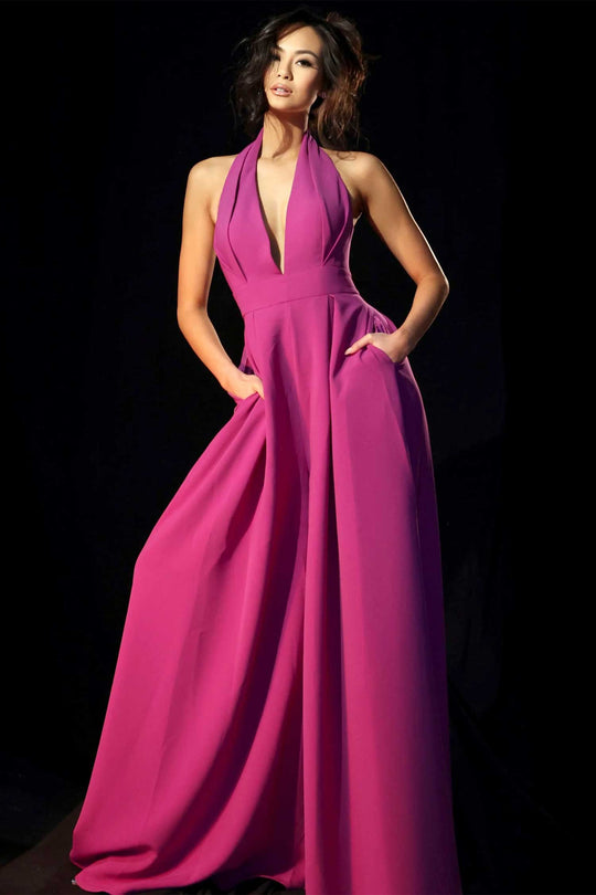 Jovani 46632 - Halter Wide Leg Pleated Jumpsuit