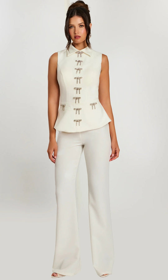 Jovani 47233 - Rhinestone Bow Collared Neckline Pantsuit