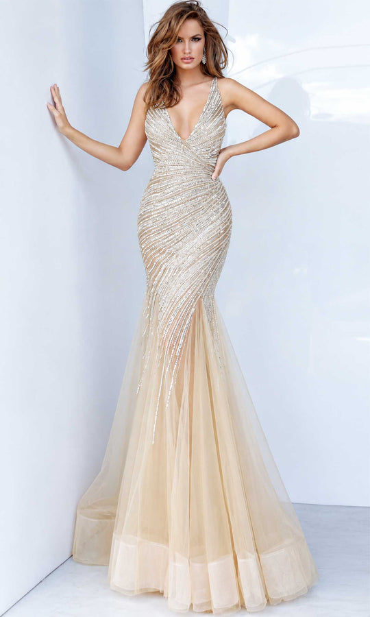 Jovani - 4741 Beaded Tulle Deep V-neck Junior Prom Dress