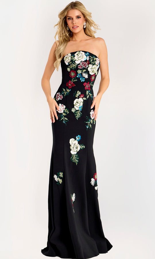 Jovani 47636 - Floral Beaded Strapless Gown with Seam Detail