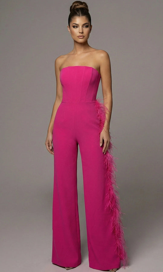 Jovani 48026 - Strapless Wide Leg Jumpsuit with Side Feather Trim