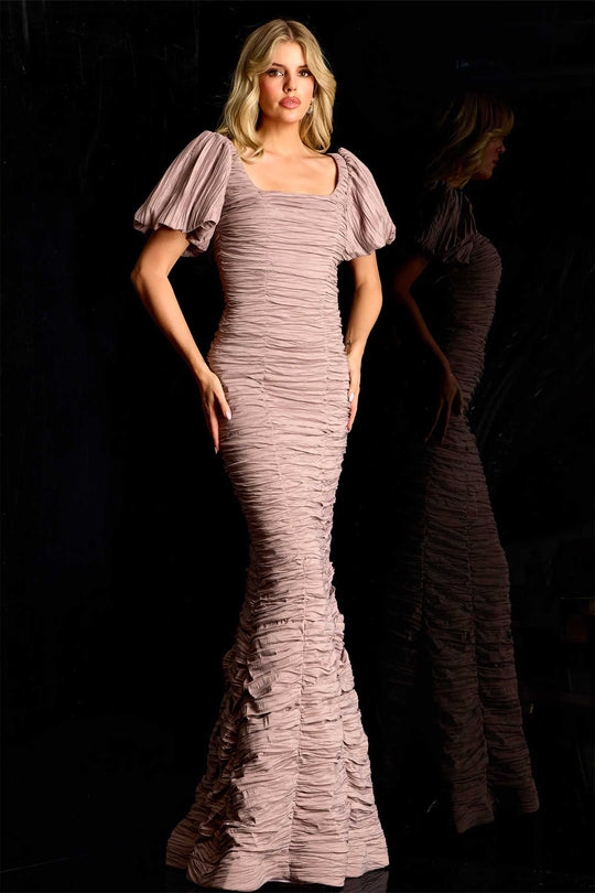 Jovani 48057 - Ruched Texture Puff Sleeve Evening Gown