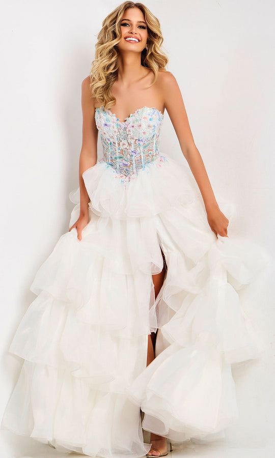 Jovani 48177 - Floral Beaded Corset Tiered Ballgown