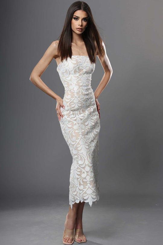 Jovani 48461 Allover Lace Tea-Length Sheath Dress