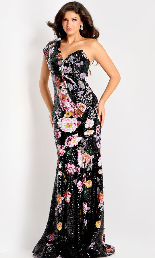 Jovani 48638 - One Shoulder Floral Sequin Evening Gown