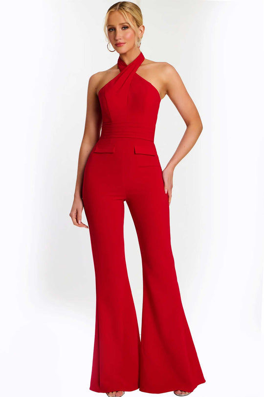 Jovani 48809 - Crisscross Halter Flared Leg Jumpsuit
