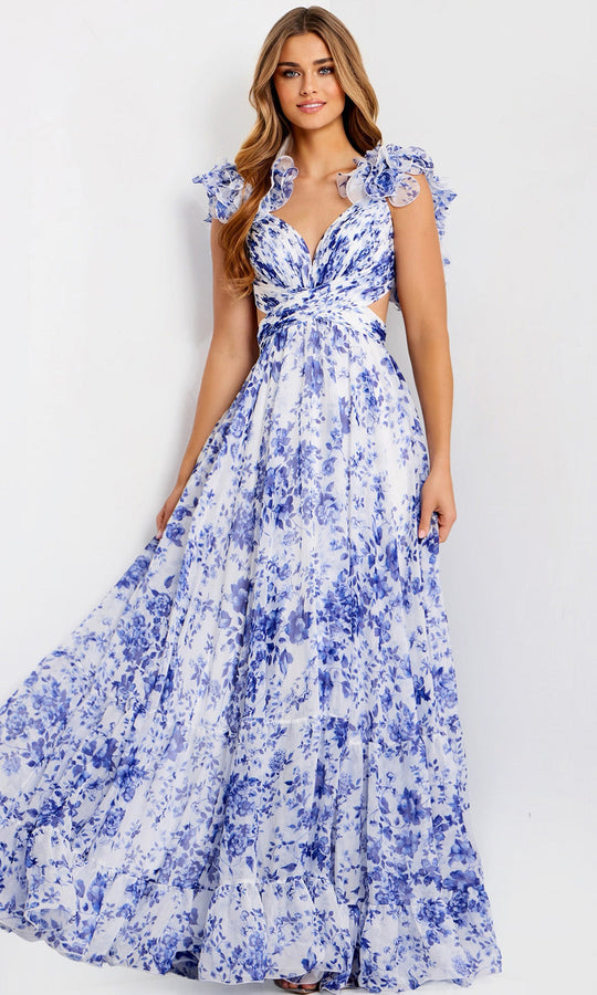Jovani 49143 - Ruffle Sleeve Floral A-Line Gown