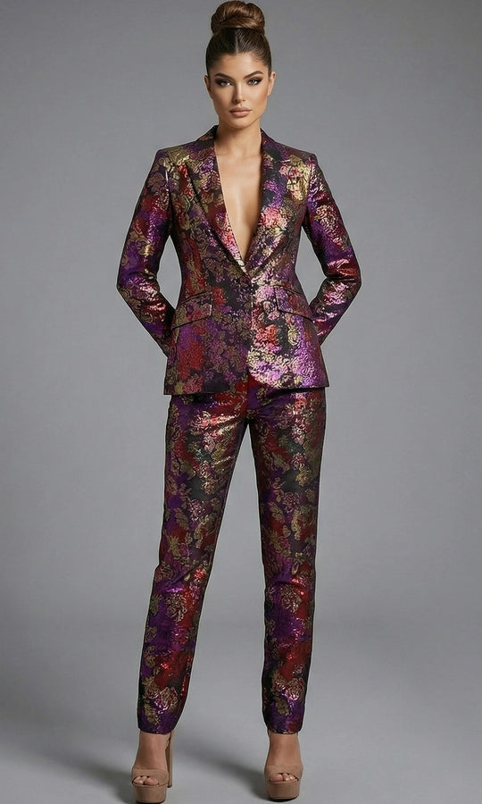 Jovani 49164 - Floral Tailored Pantsuit with Plunging Neckline