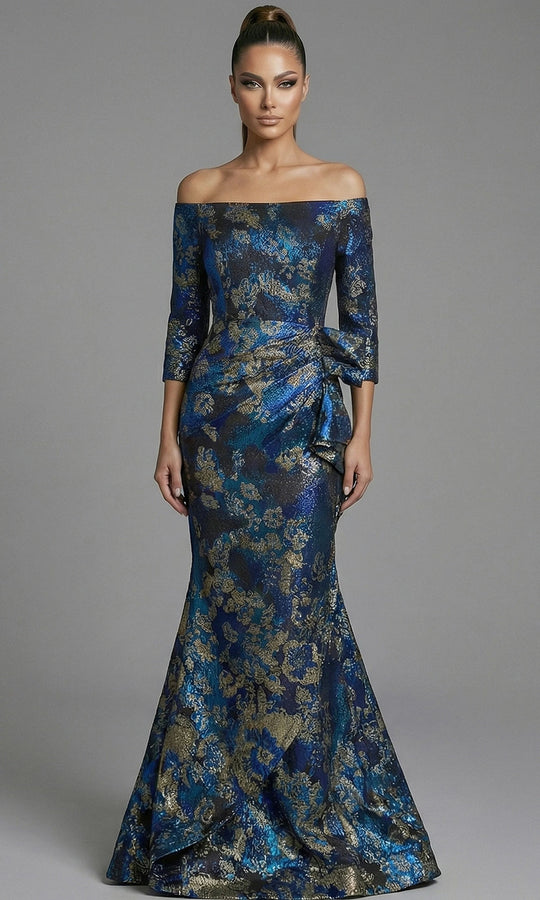 Jovani 49165 - Draped Waist Metallic Brocade Long Gown