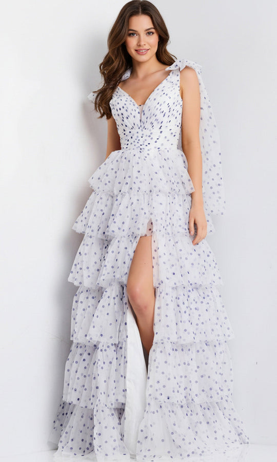 Jovani 49358 - Tiered Polka Dot Tulle Gown with Slit