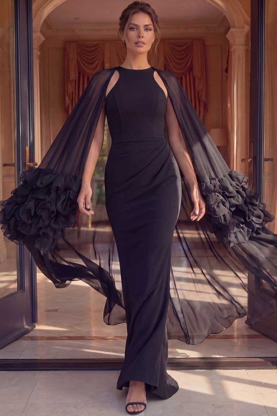 Jovani 49448 Ruffle Cape Sleeve Sheath Dress