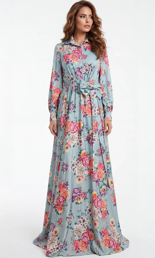 Jovani 49470 - Multicolor Floral Collared Neckline Evening Gown