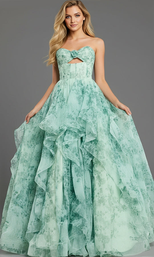 Jovani 49777 - Ruffle Skirt Floral Printed Gown