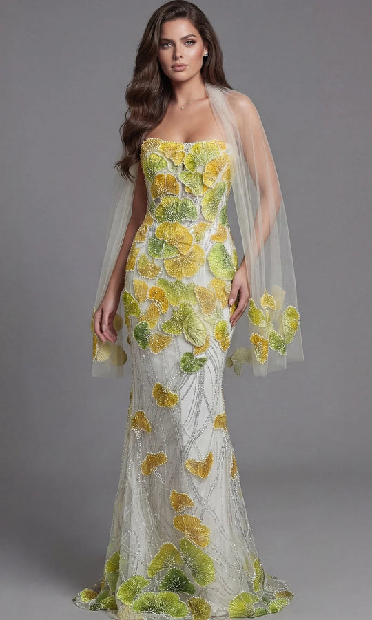 Jovani 49884 - Embroidered Tulle Fitted Strapless Gown