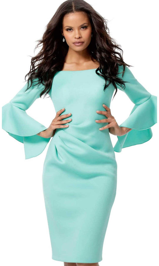 Jovani - 59992 Flounced Long Sleeve Off Shoulder Sheath Dress