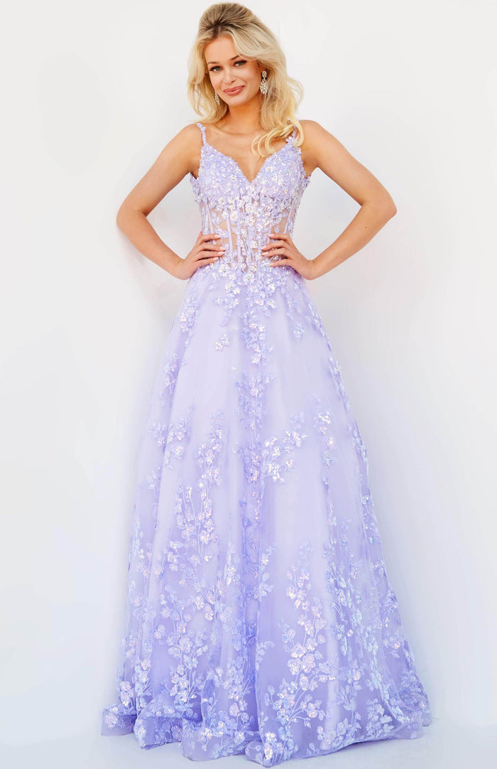 Jovani 63170 - Floral Corset A-Line Prom Dress Prom Dresses 00 / Lilac