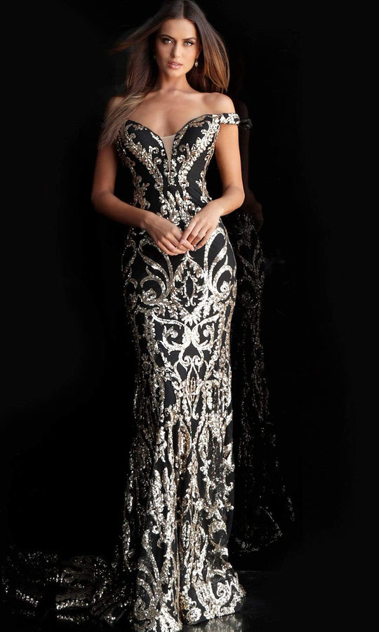 Jovani 63349 Off Shoulder Sequin Embroidered Prom Dress