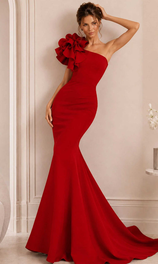 Jovani - 63994 One Shoulder Ruffle Sleeve Mermaid Evening Gown